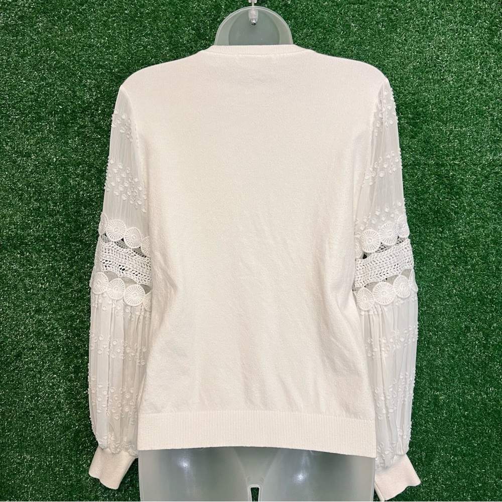 Sioni White Boxy 3/4 Sleeve Embellished Bohemian Sweater Bell Sleeve Crochet - Picture 6 of 8